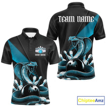 Load image into Gallery viewer, Front and back black mens bowling polo featuring a blue cobra coiled around a bowling ball with scattered bowling pins.