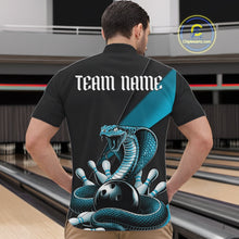 Load image into Gallery viewer, Front view of a black mens quarter-zip displaying a blue cobra wrapped around a bowling ball with scattered pins.