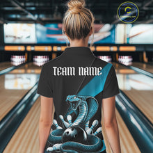 Load image into Gallery viewer, Back view of a black bowling quarter-zip displaying a blue cobra coiled around a bowling ball with scattered pins.
