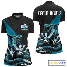 Load image into Gallery viewer, Front and back womens black bowling quarter-zip featuring a blue cobra wrapped around a bowling ball with scattered bowling pins.