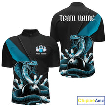 Load image into Gallery viewer, Front and back black mens bowling quarter-zip featuring a blue cobra coiled around a bowling ball and scattered pins.