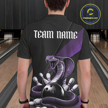 Load image into Gallery viewer, Back view of a black mens bowling polo showcasing a purple cobra wrapped around a bowling ball with scattered pins.