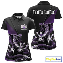 Load image into Gallery viewer, Front and back black womens bowling polo featuring a purple cobra coiled around a bowling ball with scattered pins.
