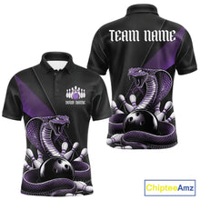 Load image into Gallery viewer, Front and back black mens bowling polo featuring a purple cobra coiled around a bowling ball with scattered bowling pins.