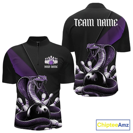 Front and back black mens bowling quarter-zip featuring a purple cobra coiled around a bowling ball and scattered pins.