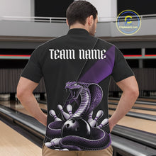 Load image into Gallery viewer, Front view of a black mens bowling quarter-zip showcasing a purple cobra around a bowling ball with scattered pins.