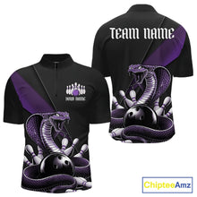 Load image into Gallery viewer, Front and back black mens bowling quarter-zip featuring a purple cobra coiled around a bowling ball and scattered pins.