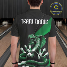 Load image into Gallery viewer, Back view of a black mens bowling polo displaying a green cobra wrapped around a bowling ball with scattered pins.
