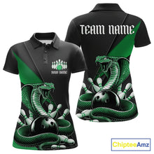 Load image into Gallery viewer, Front and back black womens bowling polo featuring a green cobra coiled around a bowling ball with scattered pins.