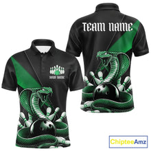 Load image into Gallery viewer, Front and back black mens bowling polo featuring a green cobra coiled around a bowling ball with scattered bowling pins.