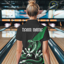 Load image into Gallery viewer, Back view of a black bowling quarter-zip displaying a green cobra wrapped around a bowling ball with scattered pins.