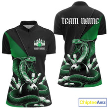 Load image into Gallery viewer, Front and back womens black bowling quarter-zip featuring a green cobra coiled around a bowling ball with scattered pins.