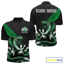 Load image into Gallery viewer, Front and back black mens bowling quarter-zip featuring a green cobra coiled around a bowling ball with scattered pins.