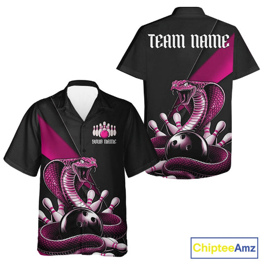 Front and back black button-up bowling shirt with pink cobra artwork, bowling ball, and scattered pins.