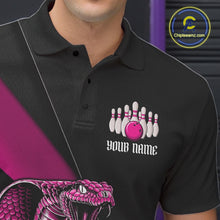 Load image into Gallery viewer, Close-up left chest graphic on a black bowling polo featuring a pink cobra and bowling ball motif.