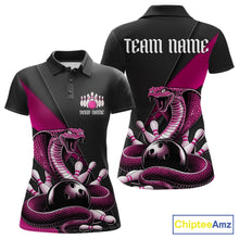 Load image into Gallery viewer, Front and back black womens bowling polo featuring a pink cobra coiled around a bowling ball and scattered pins.