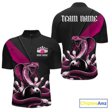 Load image into Gallery viewer, Front and back black mens bowling quarter-zip featuring a pink cobra coiled around a bowling ball and scattered pins.