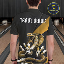 Load image into Gallery viewer, Back view of a black mens bowling polo displaying a yellow cobra wrapped around a bowling ball with bowling pins.