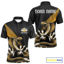 Load image into Gallery viewer, Front and back black mens bowling polo featuring a yellow cobra coiled around a bowling ball with scattered bowling pins.