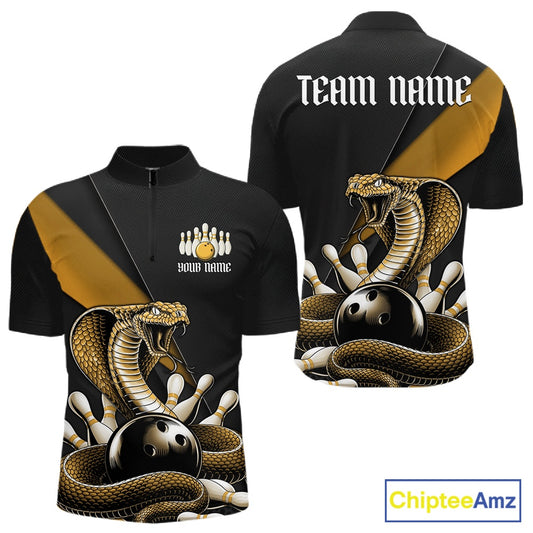 Front and back black mens bowling quarter-zip featuring a yellow cobra coiled around a bowling ball with scattered pins.