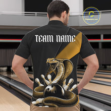 Load image into Gallery viewer, Front view of a black mens quarter-zip displaying a yellow cobra wrapped around a bowling ball with scattered pins.