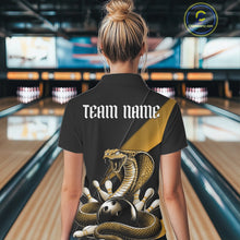 Load image into Gallery viewer, Back view of a black bowling quarter-zip displaying a yellow cobra wrapped around a bowling ball with scattered pins.