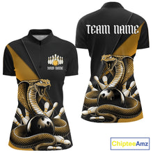 Load image into Gallery viewer, Front and back black womens bowling quarter-zip featuring a yellow cobra coiled around a bowling ball with scattered pins.
