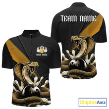 Load image into Gallery viewer, Front and back black mens bowling quarter-zip featuring a yellow cobra coiled around a bowling ball with scattered pins.