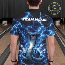 Load image into Gallery viewer, Back view of a mens bowling polo showcasing a blue cobra wrapped around a bowling ball with lightning details.