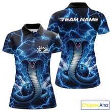 Load image into Gallery viewer, Front and back womens bowling polo featuring a blue cobra coiled around a bowling ball with striking lightning artwork.