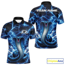 Load image into Gallery viewer, Front and back mens bowling polo featuring a blue cobra coiled around a bowling ball with bold lightning background artwork.