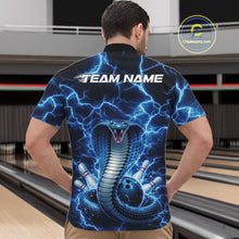 Load image into Gallery viewer, Front view of a mens bowling quarter-zip showcasing a blue cobra wrapped around a bowling ball with lightning accents.