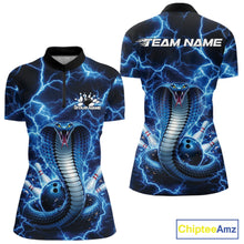 Load image into Gallery viewer, Front and back womens bowling quarter-zip featuring a blue cobra coiled around a bowling ball with striking lightning background artwork.