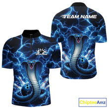 Load image into Gallery viewer, Front and back mens bowling quarter-zip featuring a blue cobra coiled around a bowling ball with lightning background artwork.
