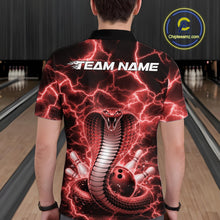 Load image into Gallery viewer, Back view of a mens bowling polo displaying a red cobra wrapped around a bowling ball against a lightning backdrop.