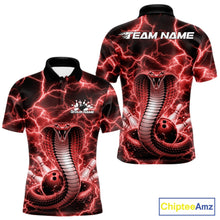 Load image into Gallery viewer, Front and back mens bowling polo featuring a red cobra coiled around a bowling ball with striking lightning background graphics.