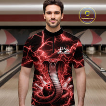 Load image into Gallery viewer, Male model in a bowling lane wearing a quarter-zip with red cobra artwork and a lightning background.