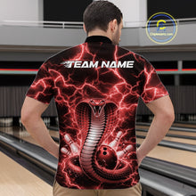 Load image into Gallery viewer, Front view of a mens bowling quarter-zip displaying a red cobra wrapped around a bowling ball with lightning effects.
