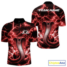 Load image into Gallery viewer, Front and back mens bowling quarter-zip featuring a red cobra coiled around a bowling ball with dramatic lightning graphics.