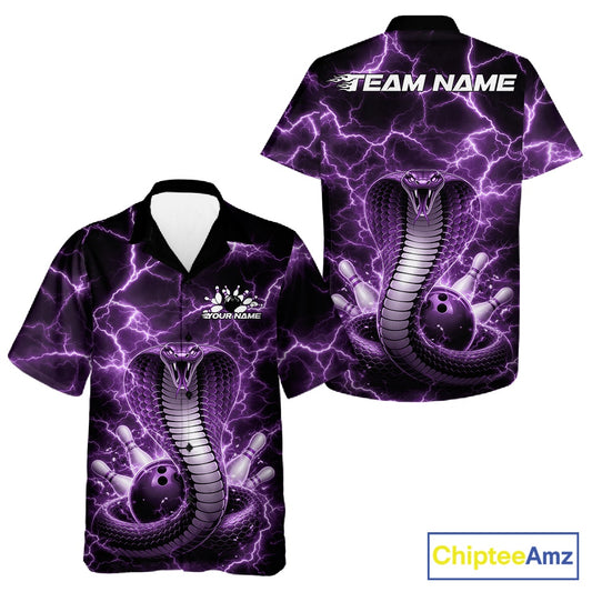 Button-up bowling shirt featuring a purple cobra wrapped around a bowling ball with lightning background graphics.