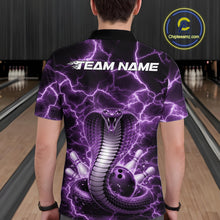 Load image into Gallery viewer, Back view of a mens bowling polo showcasing a purple cobra and bowling ball design with electrifying lightning accents.