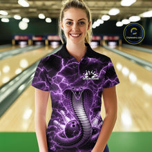 Load image into Gallery viewer, Female model wearing a bowling polo in a bowling lane with a purple cobra coiled around a bowling ball and lightning background.
