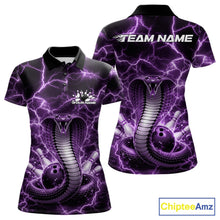 Load image into Gallery viewer, Front and back womens bowling polo featuring a purple cobra coiled around a bowling ball with lightning background graphics.
