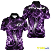 Load image into Gallery viewer, Front and back mens bowling polo featuring a purple cobra coiled around a bowling ball with dramatic lightning background artwork.