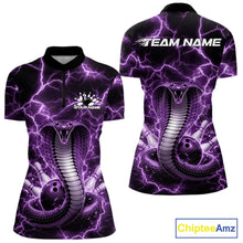 Load image into Gallery viewer, Front and back womens bowling quarter-zip featuring a purple cobra coiled around a bowling ball with dramatic lightning background artwork.