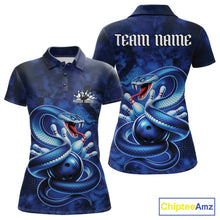 Load image into Gallery viewer, Front and back womens bowling polo featuring a blue cobra coiled around a bowling ball with scattered pins in dark fantasy style.