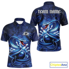 Load image into Gallery viewer, Front and back mens bowling polo featuring a blue cobra coiled around a bowling ball with scattered pins in dark fantasy style.