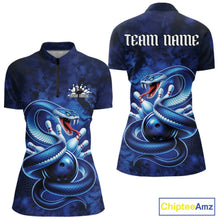 Load image into Gallery viewer, Front and back womens bowling quarter-zip featuring a blue cobra coiled around a bowling ball with scattered pins in a dark fantasy style.