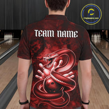 Load image into Gallery viewer, Back view of a mens bowling polo displaying a red cobra wrapped around a bowling ball with dark fantasy accents.