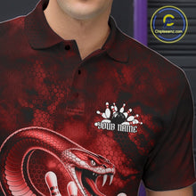 Load image into Gallery viewer, Left chest close-up of a bowling polo featuring a red cobra, bowling ball, and scattered pin artwork.